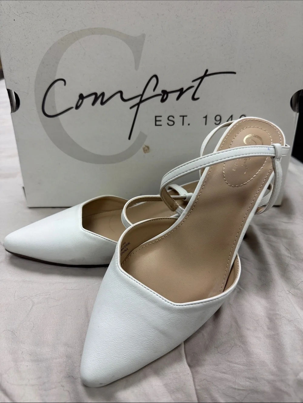 White Pointed Toe Slingback Heels